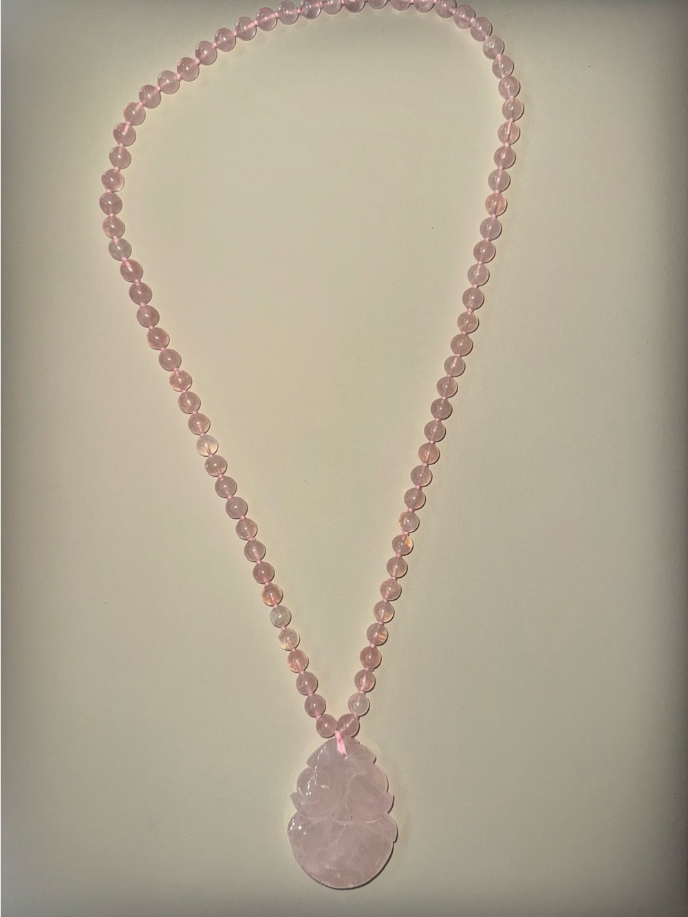 Vintage Chinese Natural Pink Quartz Necklace Carved Lotus Flower 1950s